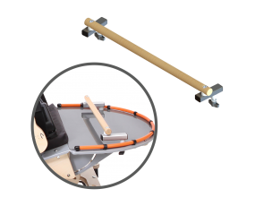 A zoomed-in image of a grab bar for a wheelchair, accompanied by a diagram showing where it is placed on the wheelchair on a white background.