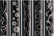 Five options for monochrome wheelchair frame graphics, including slashes, flowers, flames, sqaures, and a dragon.