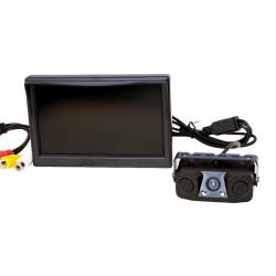 Unplugged wired black wheelchair-mounted camera with a separate viewing screen on a white background.