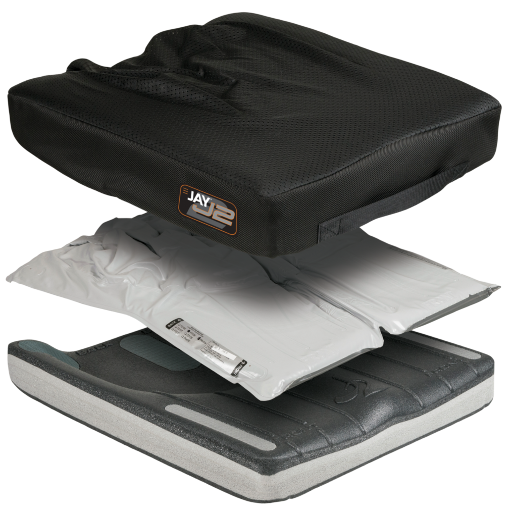 Jay J2 Cushion with contoured base and fluid insert, providing skin protection and postural stability.