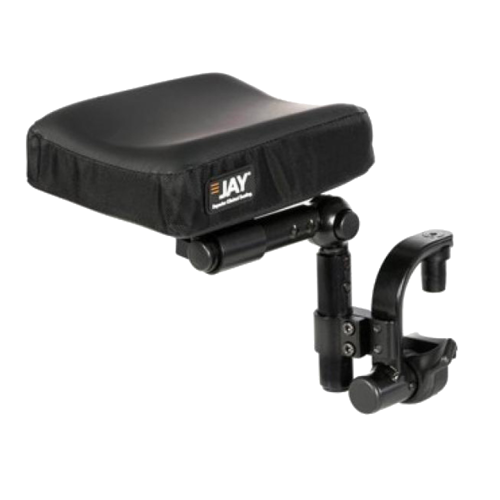 Close up on a JAY stump support in black, compatable with manual and powered wheelcahirs.