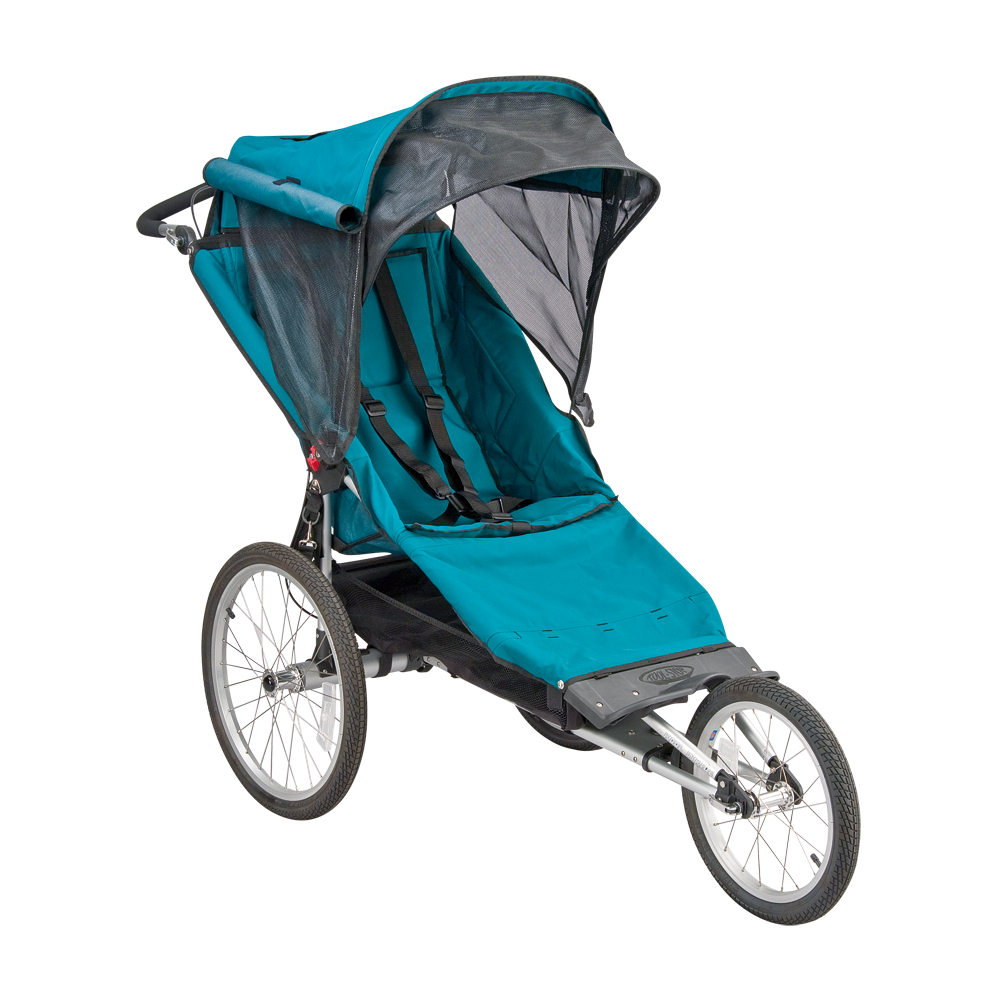 Blue Kool Stride Running Stroller with large wheels for outdoor mobility and support for children with disabilities.