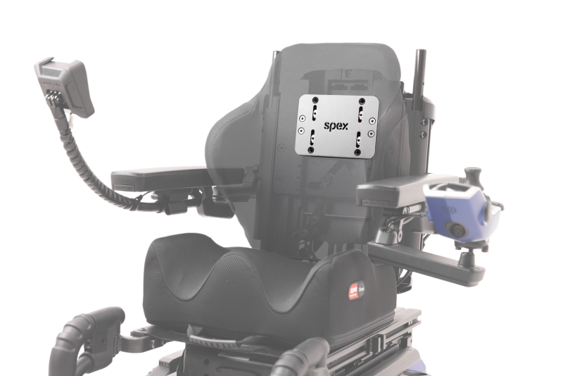 Quantum powerchair with Spex Power Recline Adapter Mount, showing adapter plate for reclining backrest adjustment.