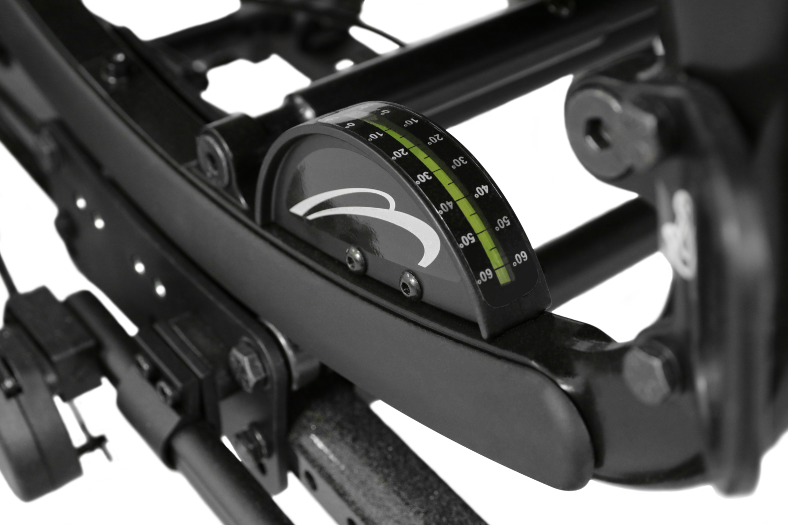 Quickie Iris wheelchair tilt angle gauge close-up, demonstrating precise seating angle adjustments for postural support.