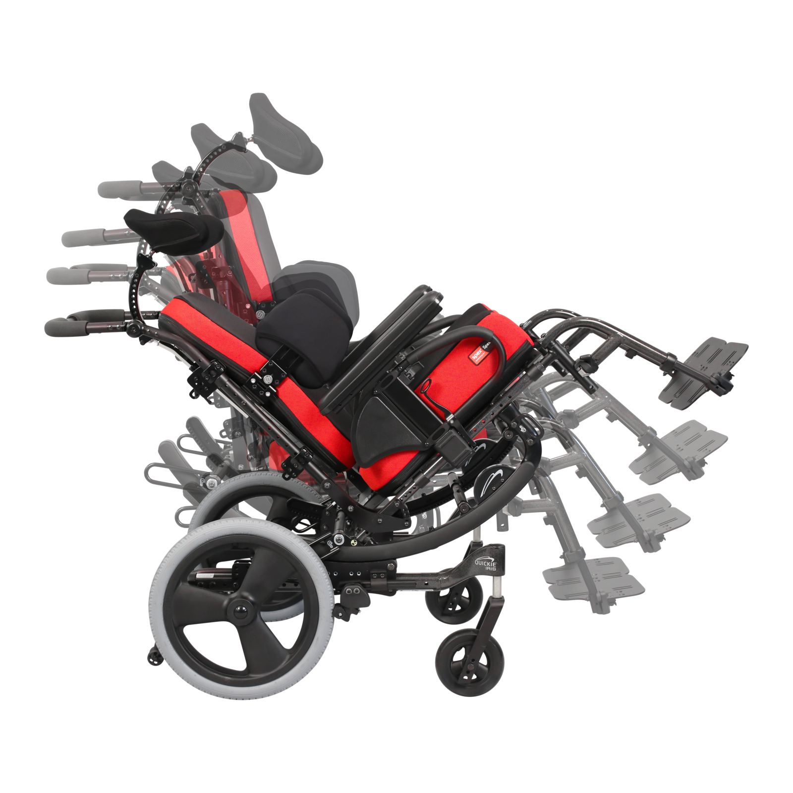 Superimposition of Qiuckie Iris Tilt-In-Space wheelchair with red spex seating in four differnt degrees of tilt.