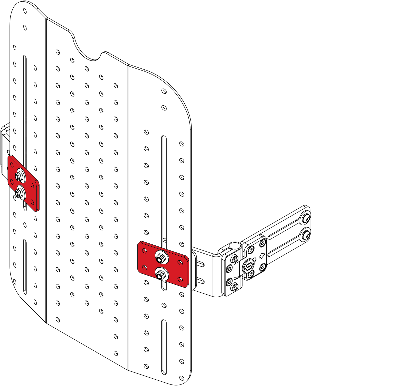 Spex lateral Reinforcement Plate drawing with red-highlighted brackets showing trunk support adjustability.