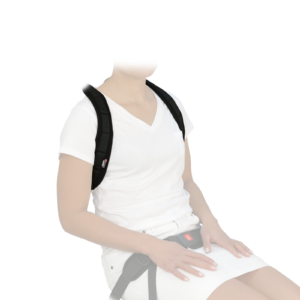 Client wearing Spex Vest Harness with retractor, demonstrating secure upper body support and safety during mobility.
