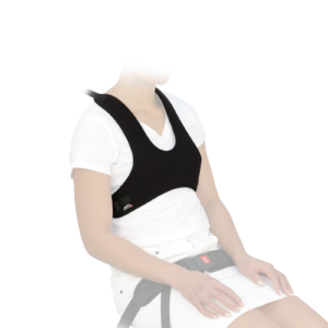 Spex CentrePoint Shoulder Harness worn by client, providing secure upper body support for better posture and trunk control when seated