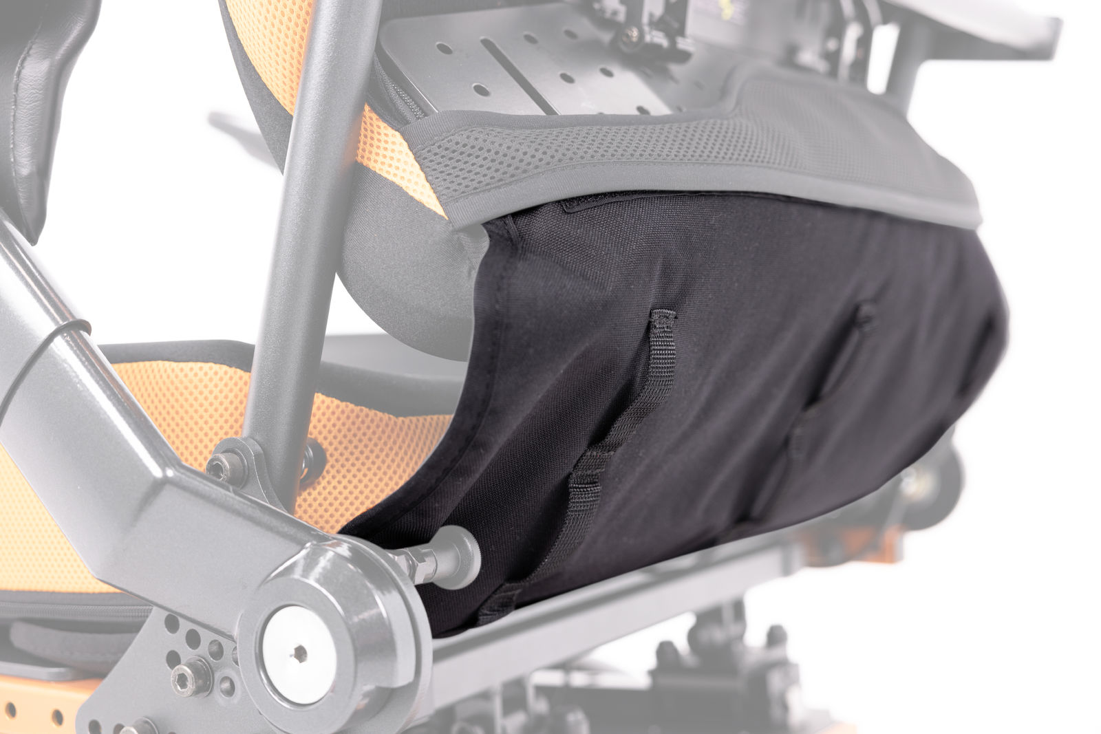 Close up on an orange Spex XLella Vigour Bariatric Back Support, highlighting the XLella cover extention in black.