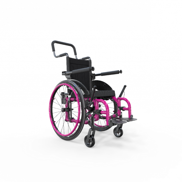 Bright pink Motion Composities Helio Kids Carbon Folding Wheelchair optimized for growth adjustability.
