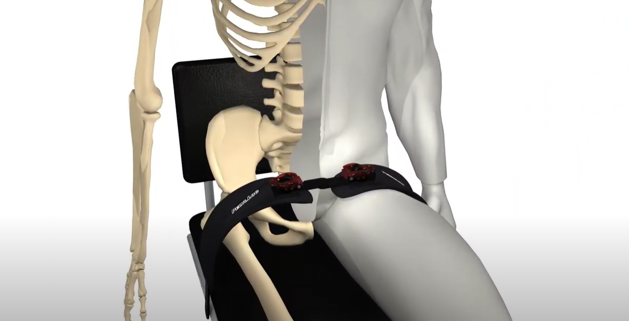 Pelvi-Loc Waterproof Hip Belt animation still showing secure pelvic positioning with waterproof material for hygiene and durability.