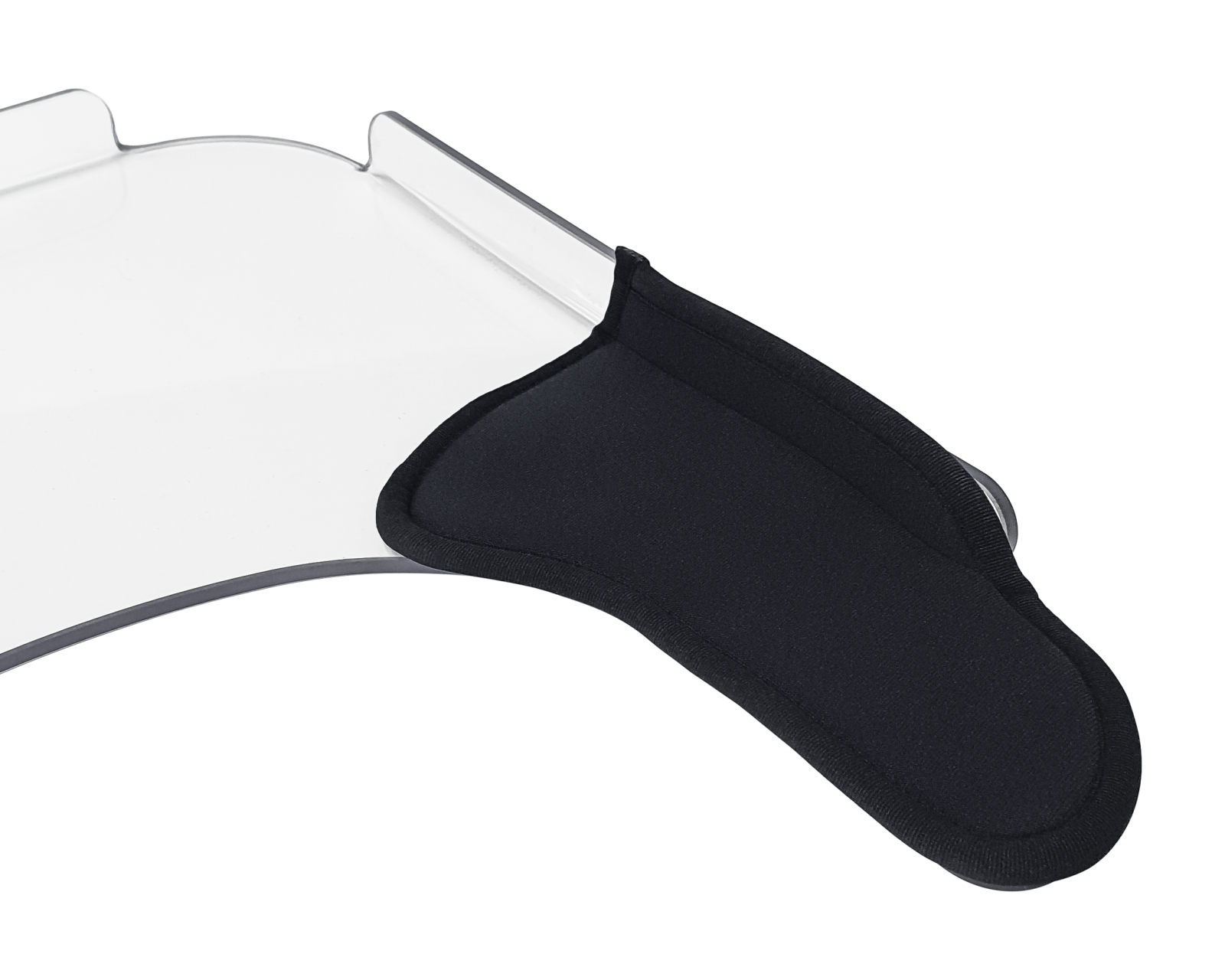 Medifab Wheelchair Tray Table close-up featuring padded elbow rest, designed to enhance user comfort and support during seated activities.