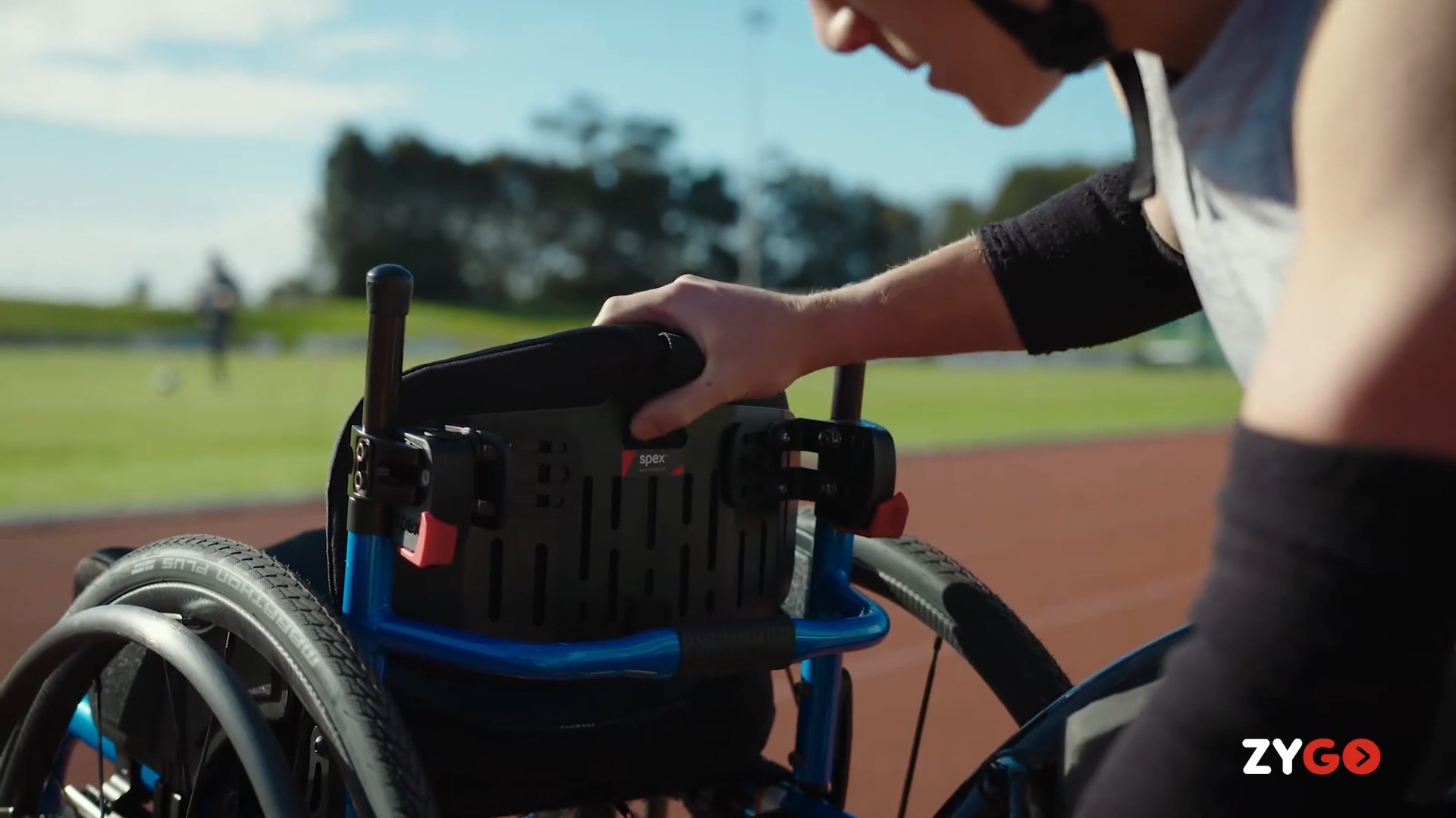 Jaden Movold about to use his wheelchair with the Spex Zygo back support