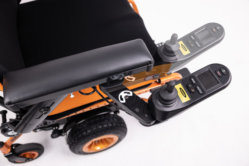 Robust swing away joystick mount allows for ease of transfers from wheelchair.