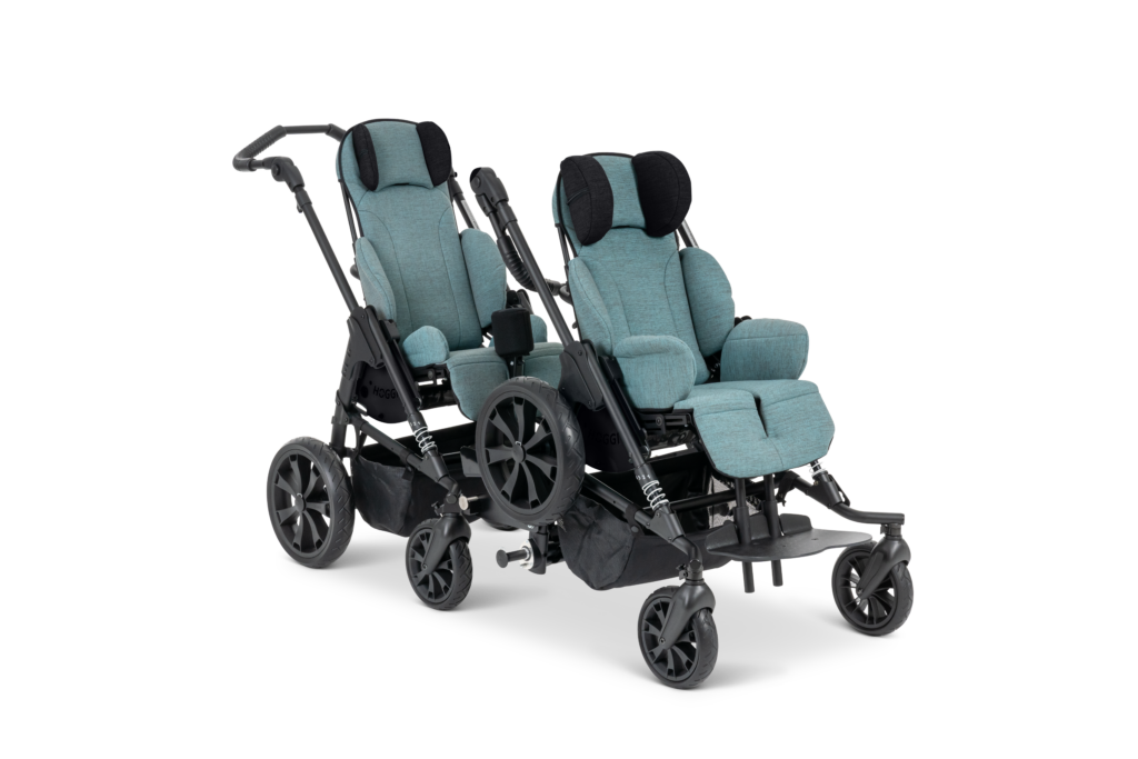 Bingo Evo Twin Stroller with dual seating for two children with complex postural needs in one supportive, compact frame.