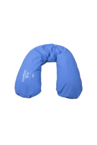 Aerial view of a large, blue, CareWave half-moon postural support cushion.