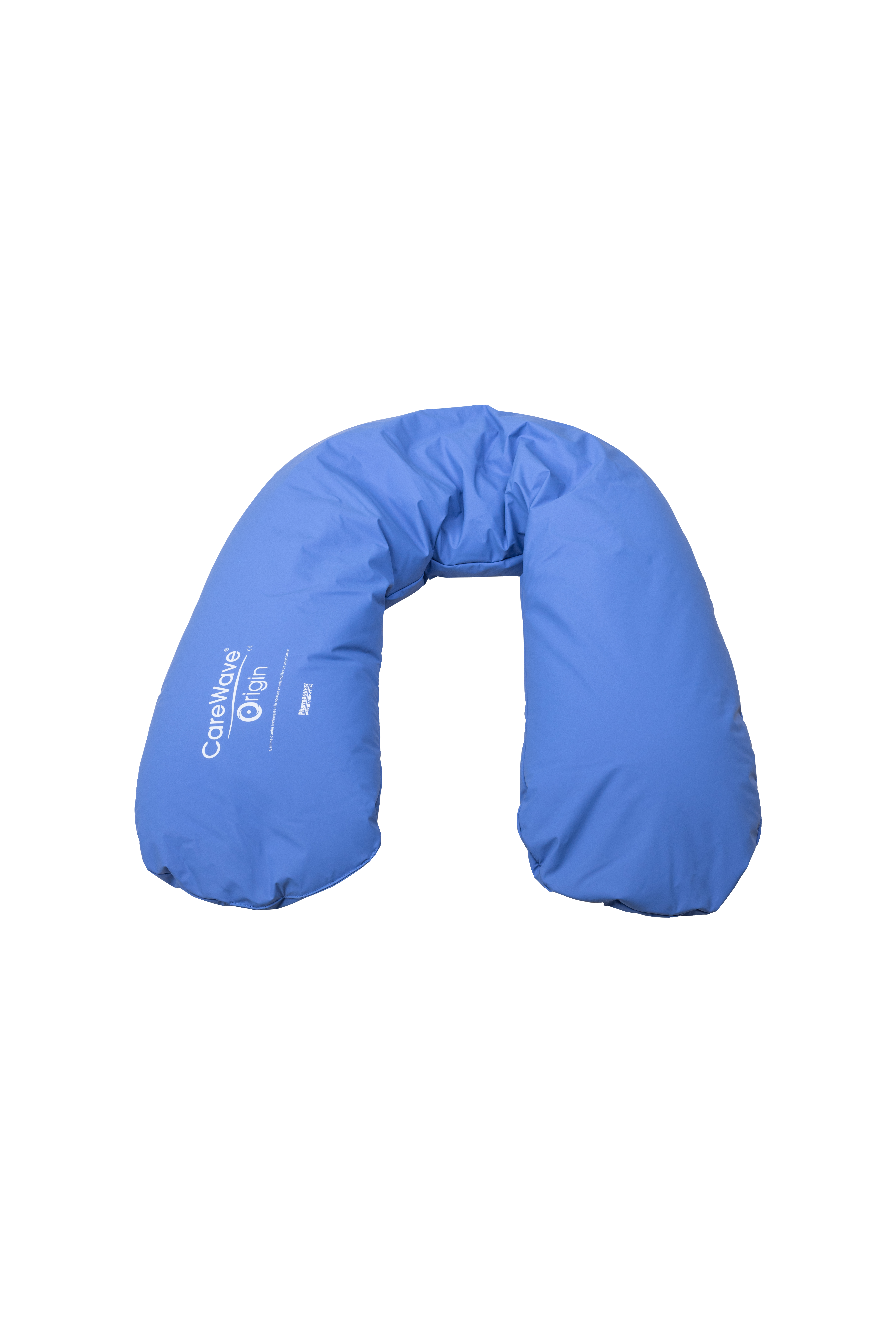 Aerial view of a large, blue, CareWave half-moon postural support cushion.