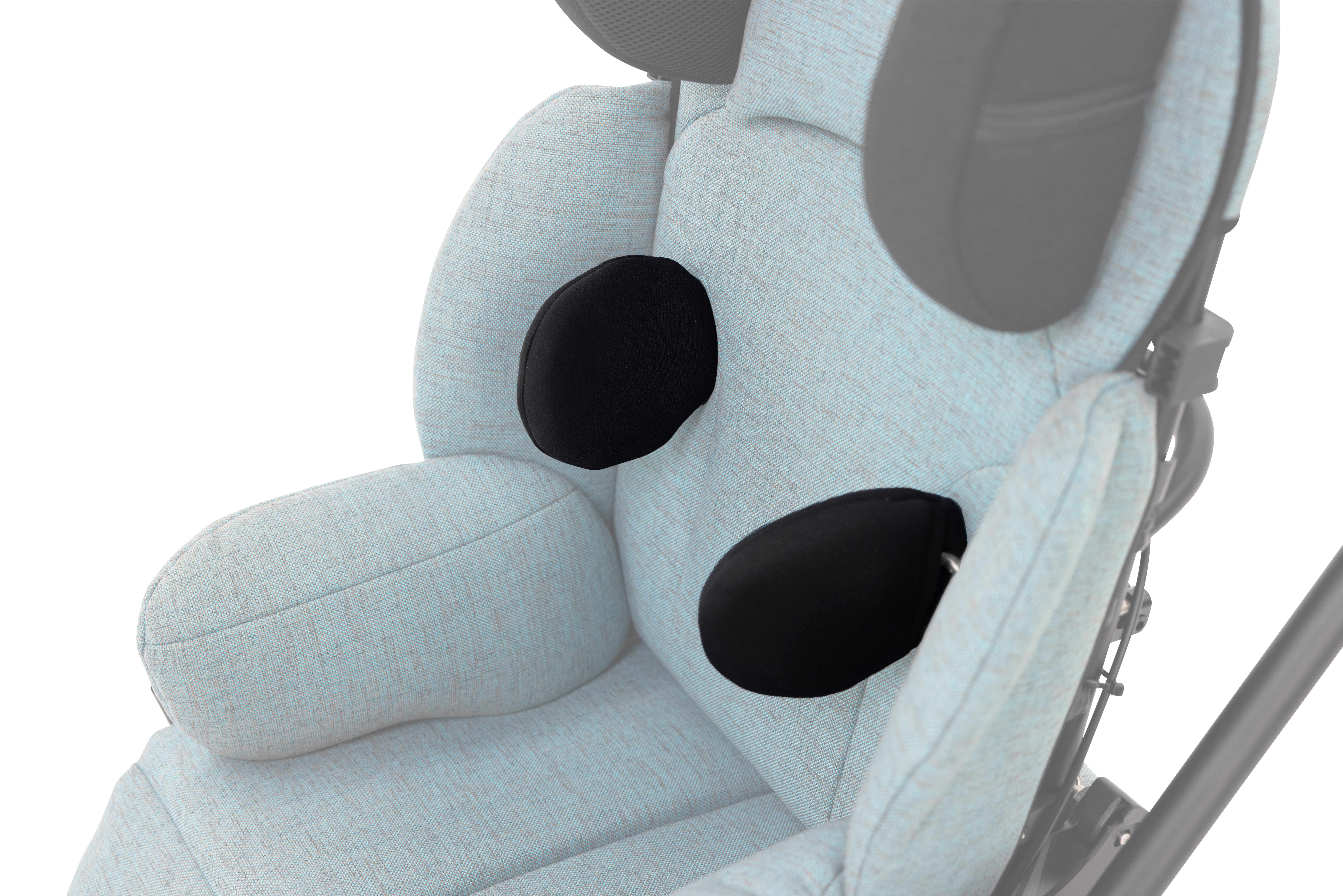 Ghosted image of Bingo Evo Spex Broad Lateral Supports on a teal blue stroller.
