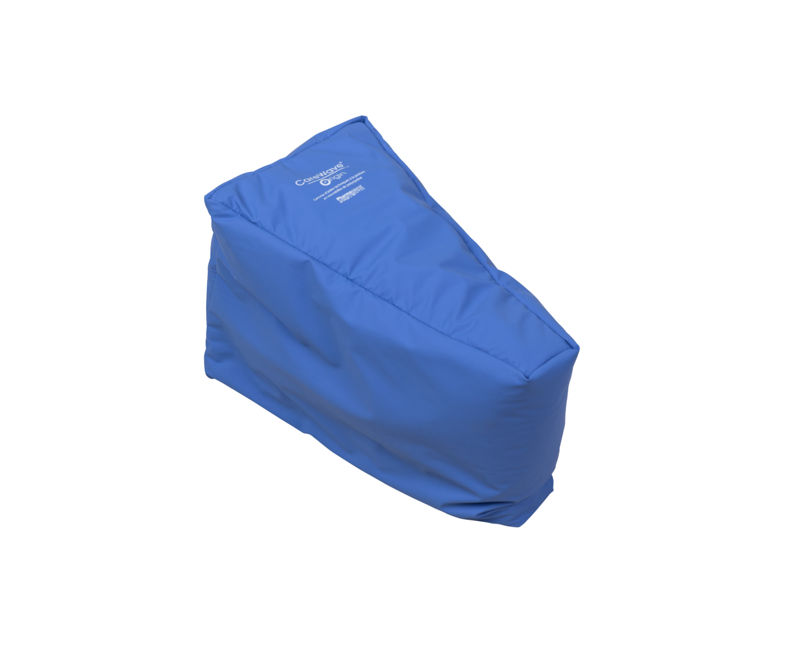 Isometric view of large CareWave abduction postural cushion in blue.