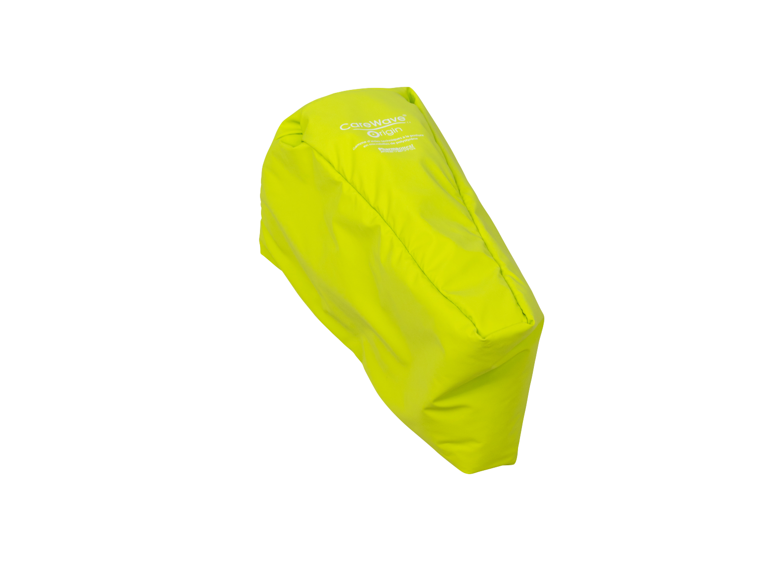 Isometric view of small CareWave abduction postural cushion in high-visibility yellow.