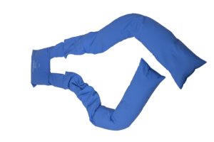 Aerial view of Large CareWave back cushion in blue, with head piece towards the left.