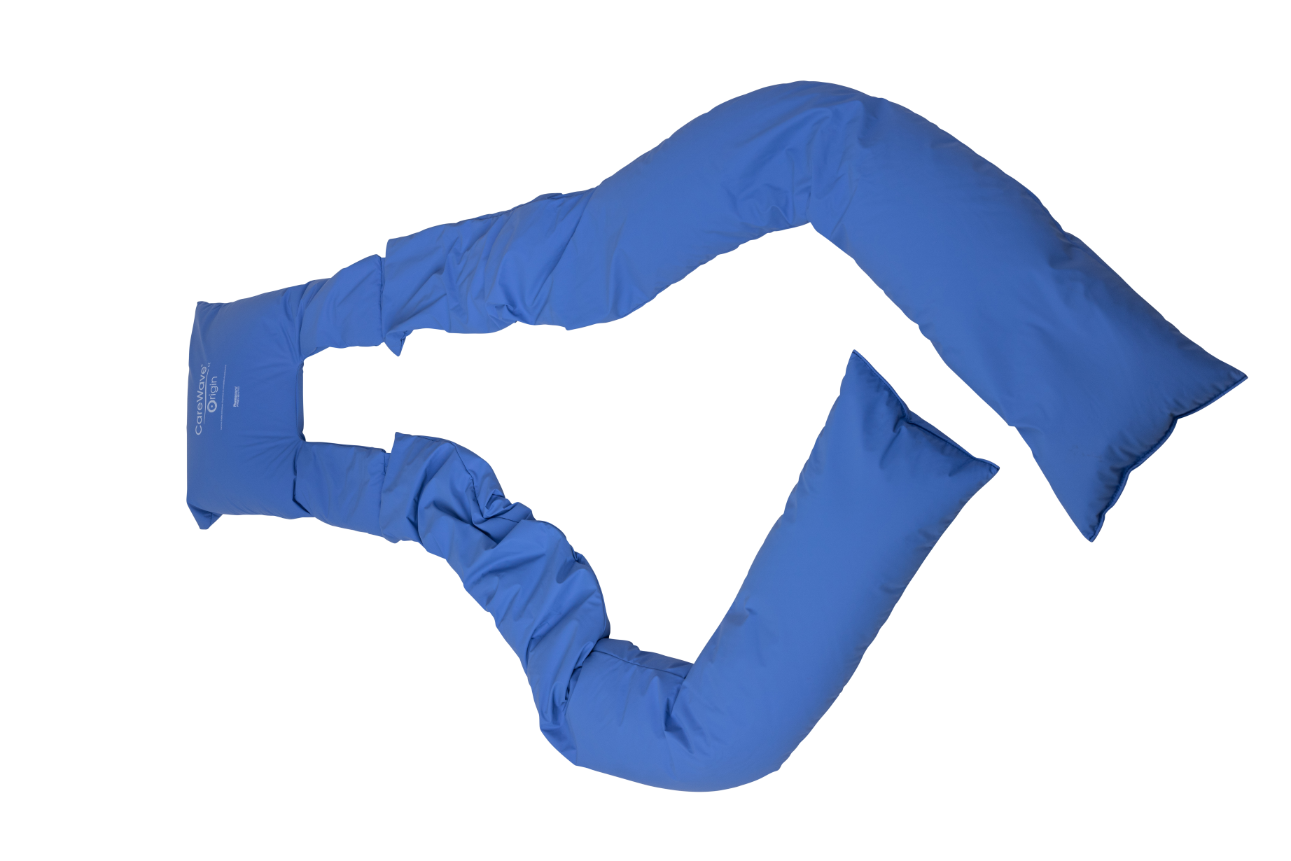 Aerial view of Large CareWave back cushion in blue, with head piece towards the left.