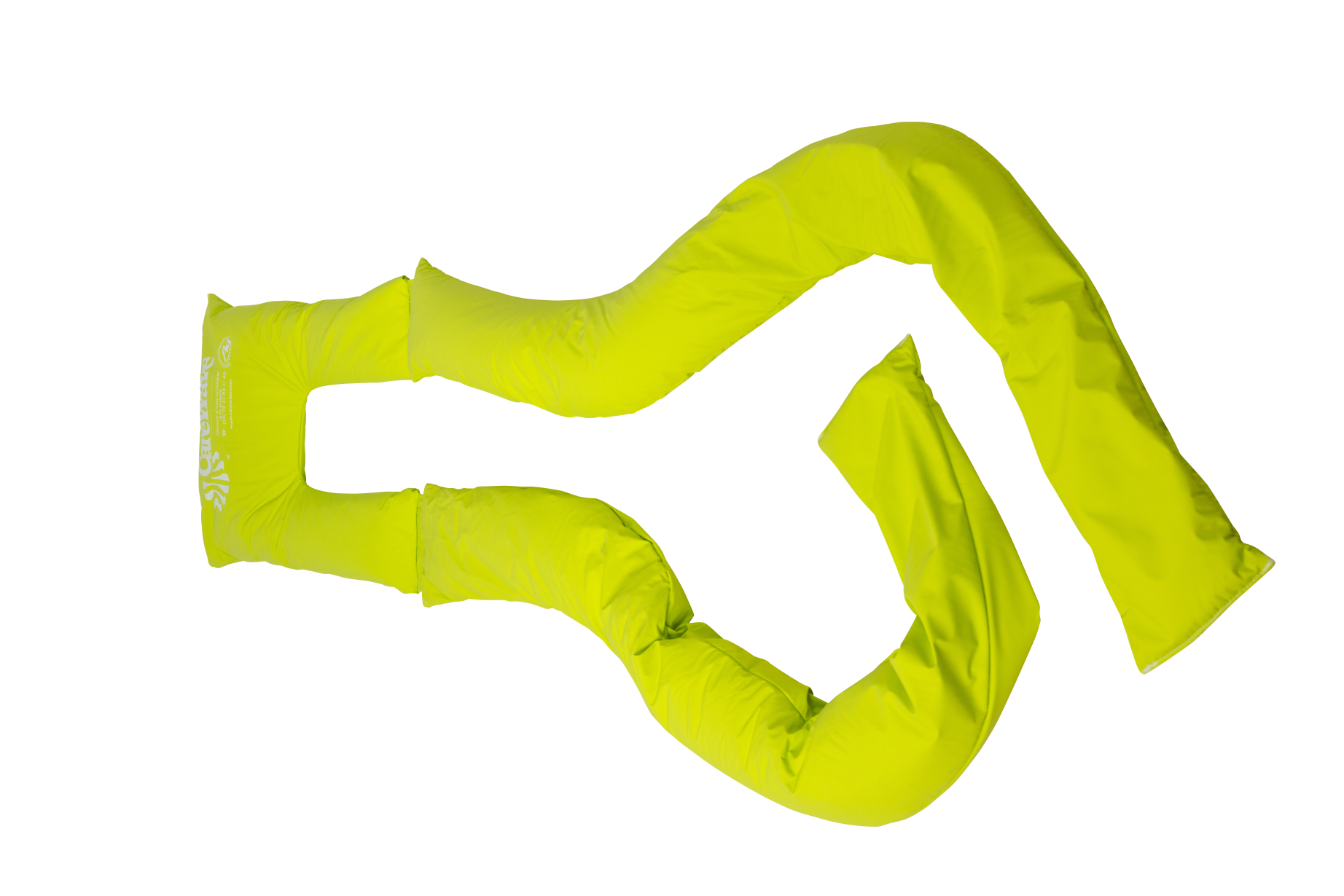 Aerial view of Small CareWave back cushion in high-visibility yellow, with head piece towards the left.