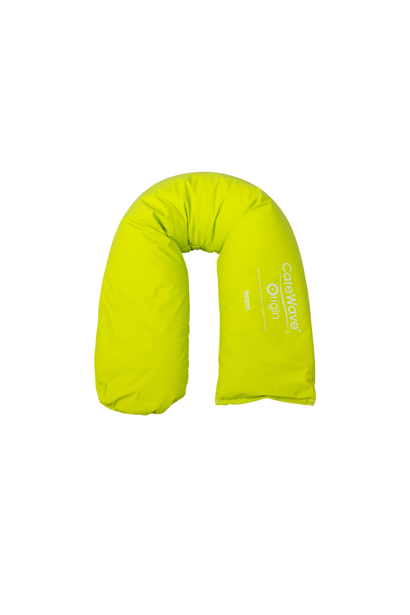 Aerial view of a small, high-visibility yellow, CareWave half-moon postural support cushion.