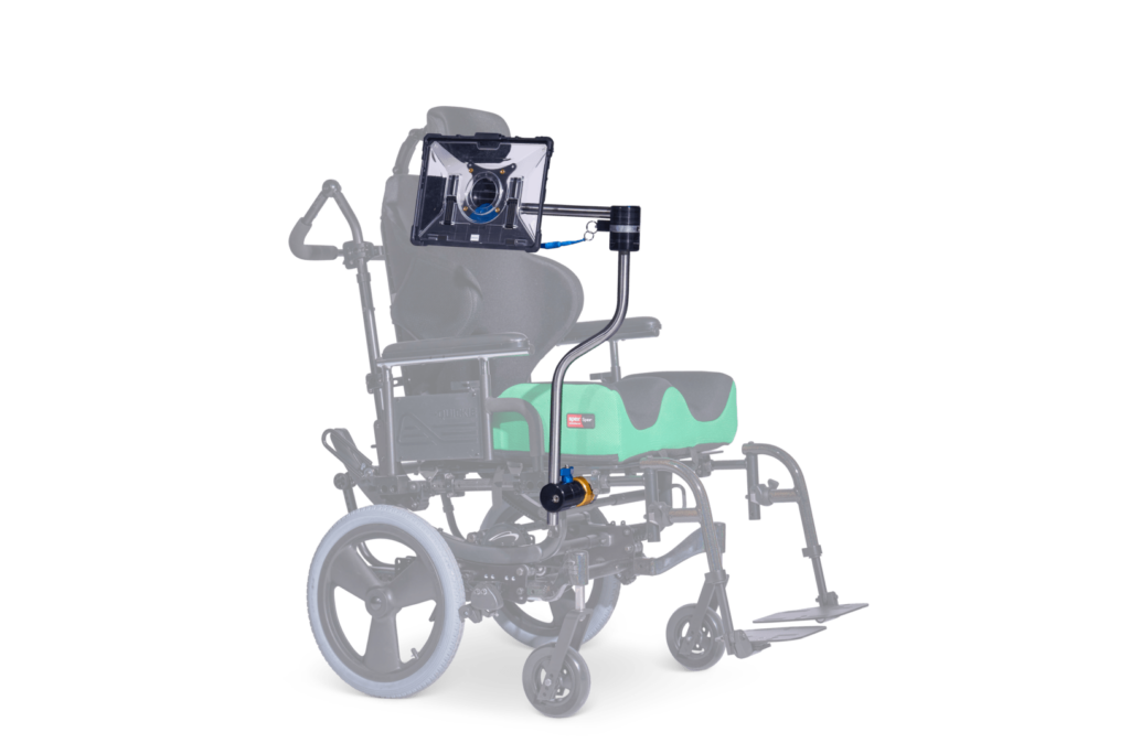 Daessy Swing-Aside Mount showing assembly with swing-away function for easy lateral access and positioning adjustments on wheelchairs.