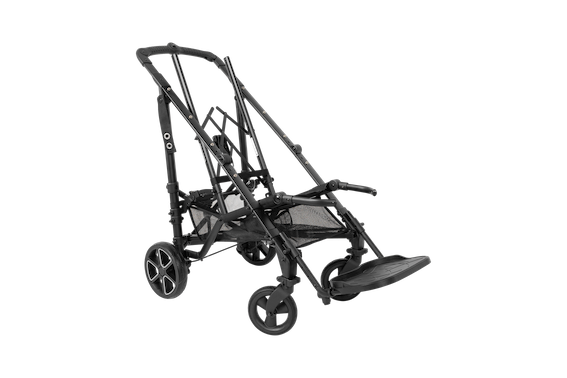 Piper comfort stroller without any upholstery, with black frame only. Diagonally facing the right.