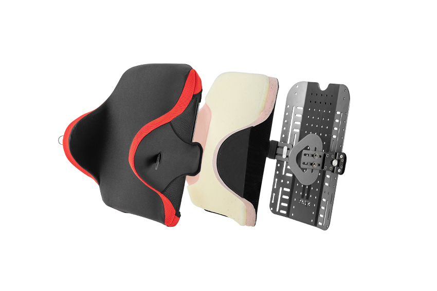 Spex Manta Wheelchair Back Support, exploded image showing all layers of the back support - colour black with red accents, complete with swing away lateral tabs.
