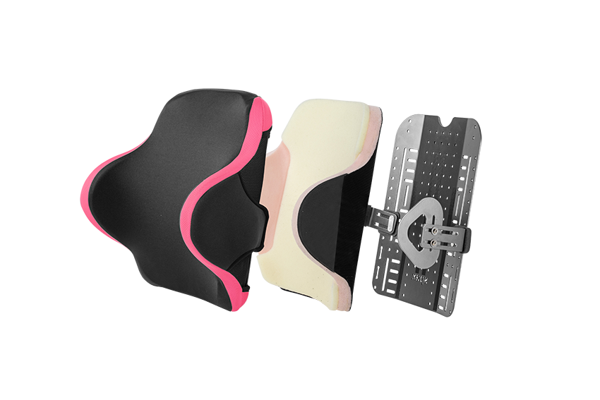 Spex Manta Wheelchair Back Support, exploded image showing all layers of the back support - colour black with pink accents, complete with swing away lateral tabs.