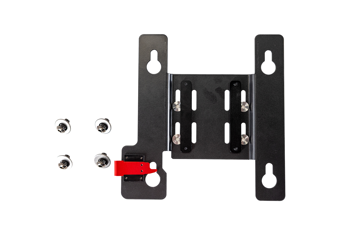 Spex Back Support Mount for mounting to Permobil corpus chairs. hardware and four floating bolts shown.